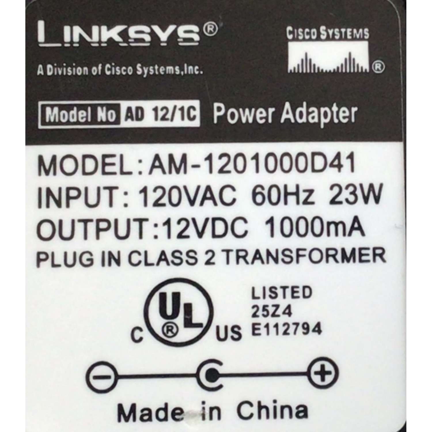 CARGADOR / ADAPTADOR DE FUENTE DE ALIMENTACION LINKSYS VCA-VCD / NUMERO DE PARTE AM-1201000D41 / E112794 / ENTRADA VCA 120VAC 60HZ 23W / SALIDA VCD 12V 1000MA / MODELO AM-1201000D41 - Imagen 2